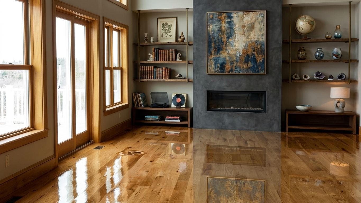 Refinished hardwood floor with a satin sheen in a living room