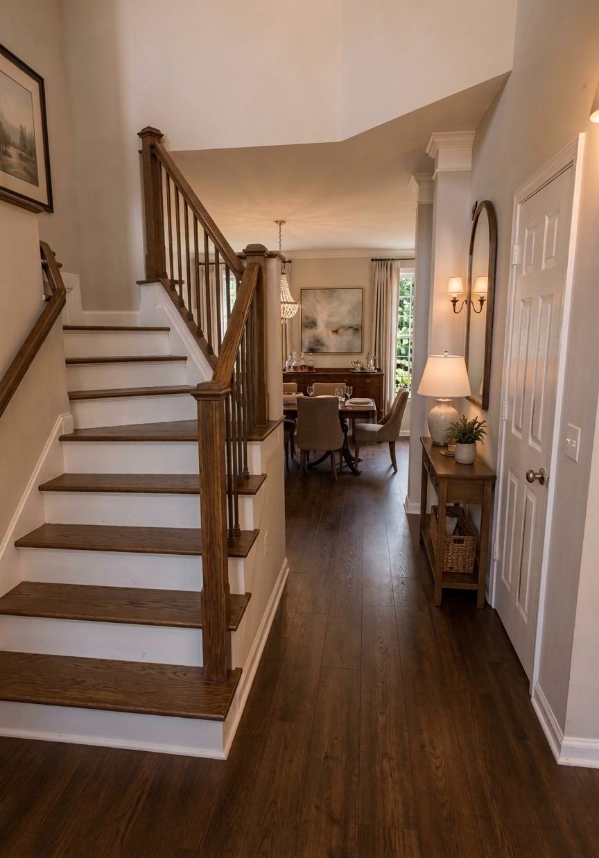 Staircase capped with hardwood treads and white risers