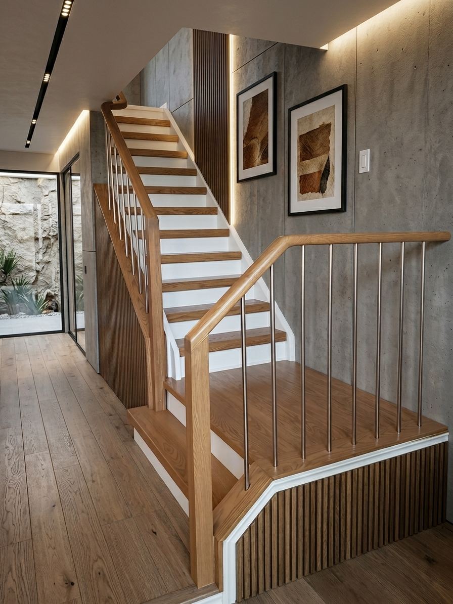 Modern staircase with oak treads and a wood handrail